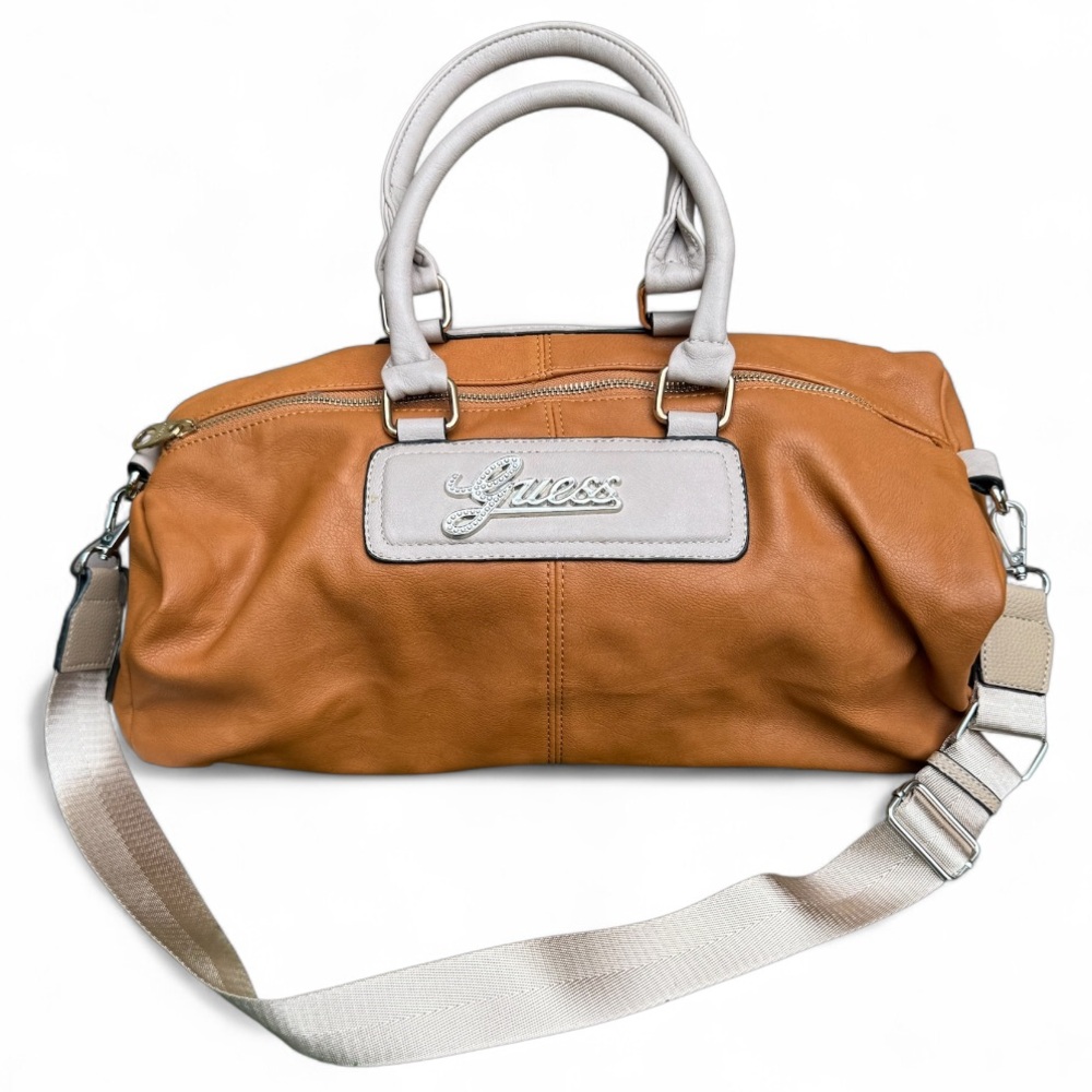 large Guess Weekender travel overnight bag duffle style tan shoulder strap